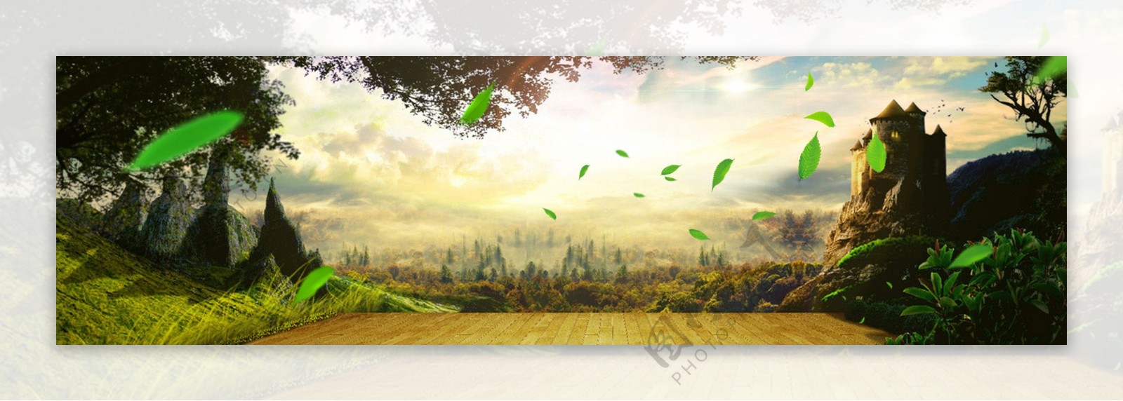 清新绿色树叶森林banner背景素材