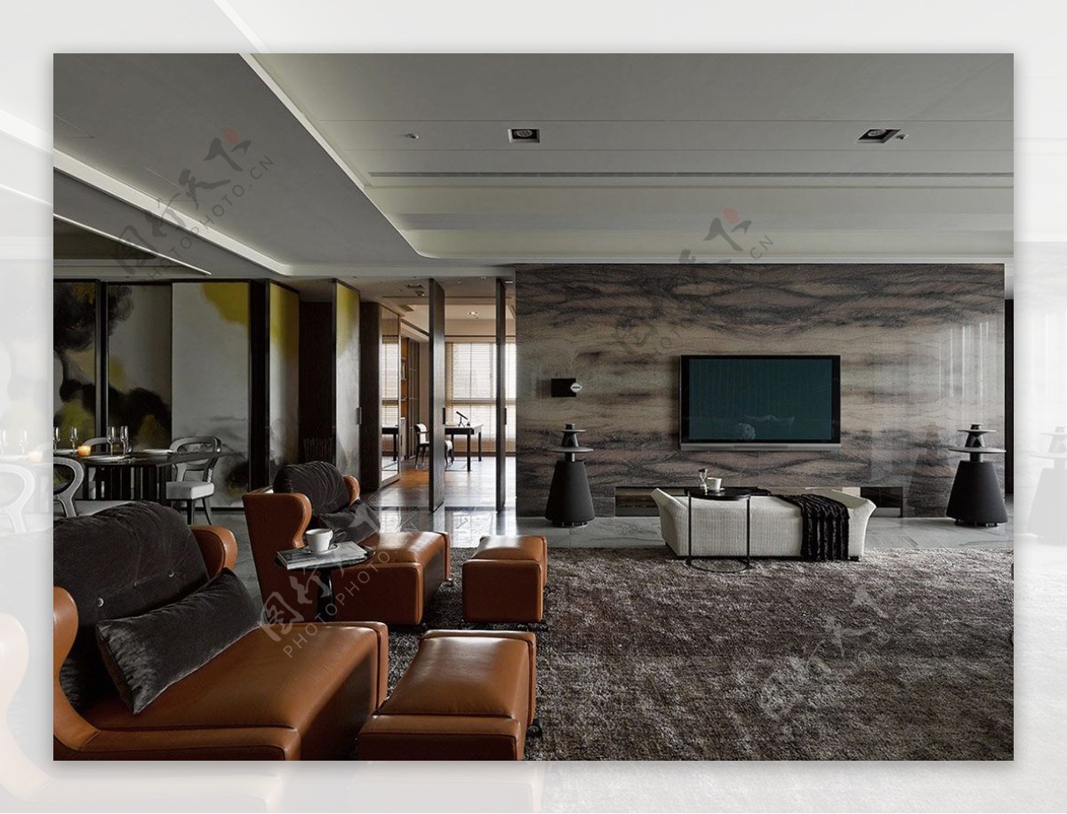 现代客厅褐色花纹电视背景墙室内装修效果图
