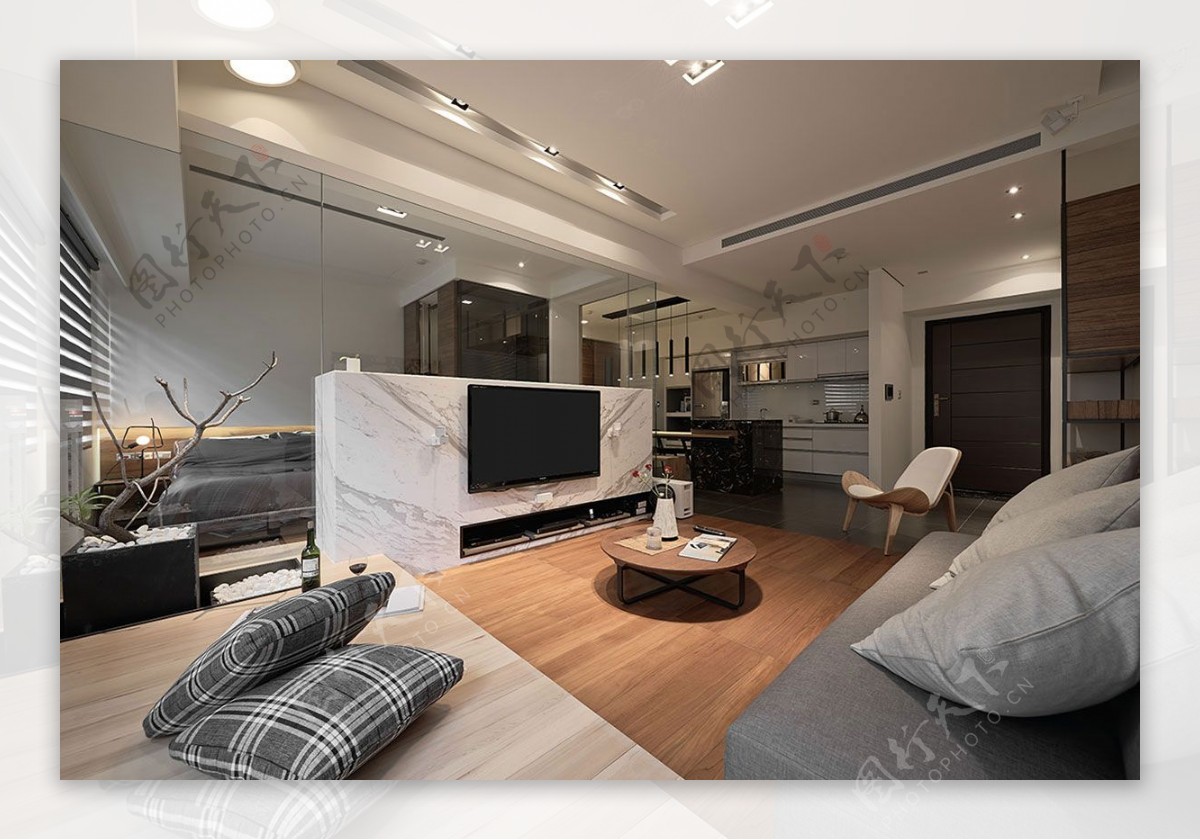 现代时尚客厅灰色棉质沙发室内装修效果图