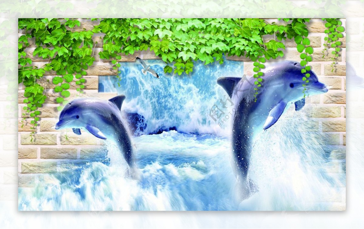3D海豚蔓藤砖墙背景