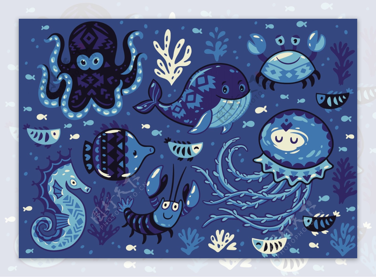 蓝色卡通可爱的海洋生物插画