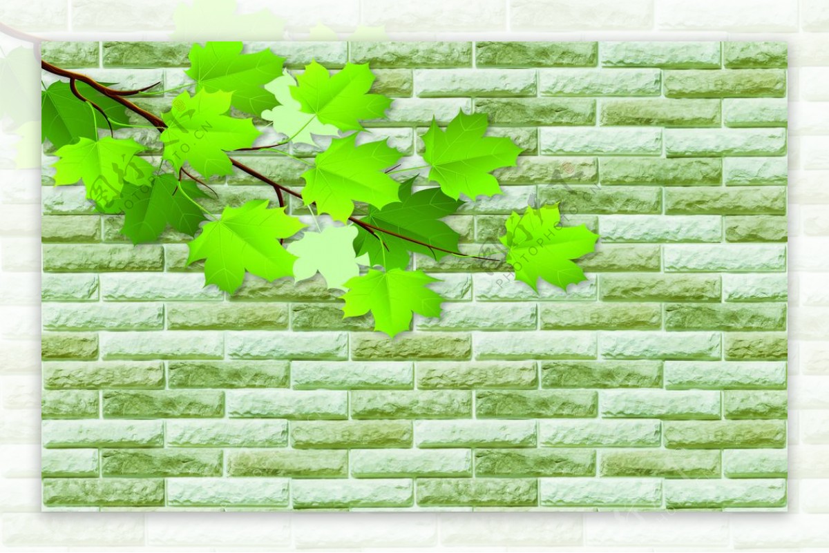 3D简约清新树叶砖墙背景