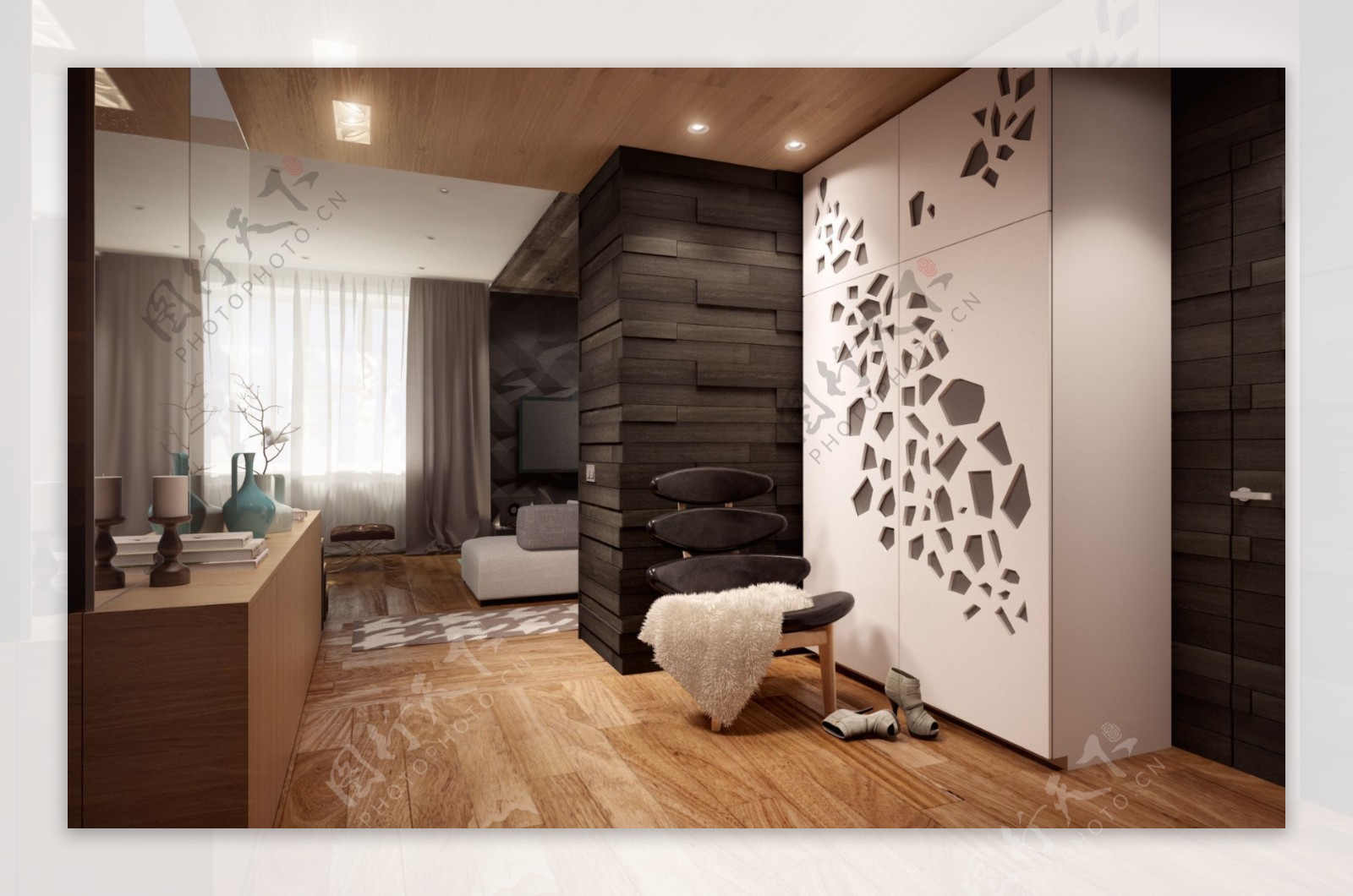 现代客厅白色镂空花纹背景墙室内装修效果图
