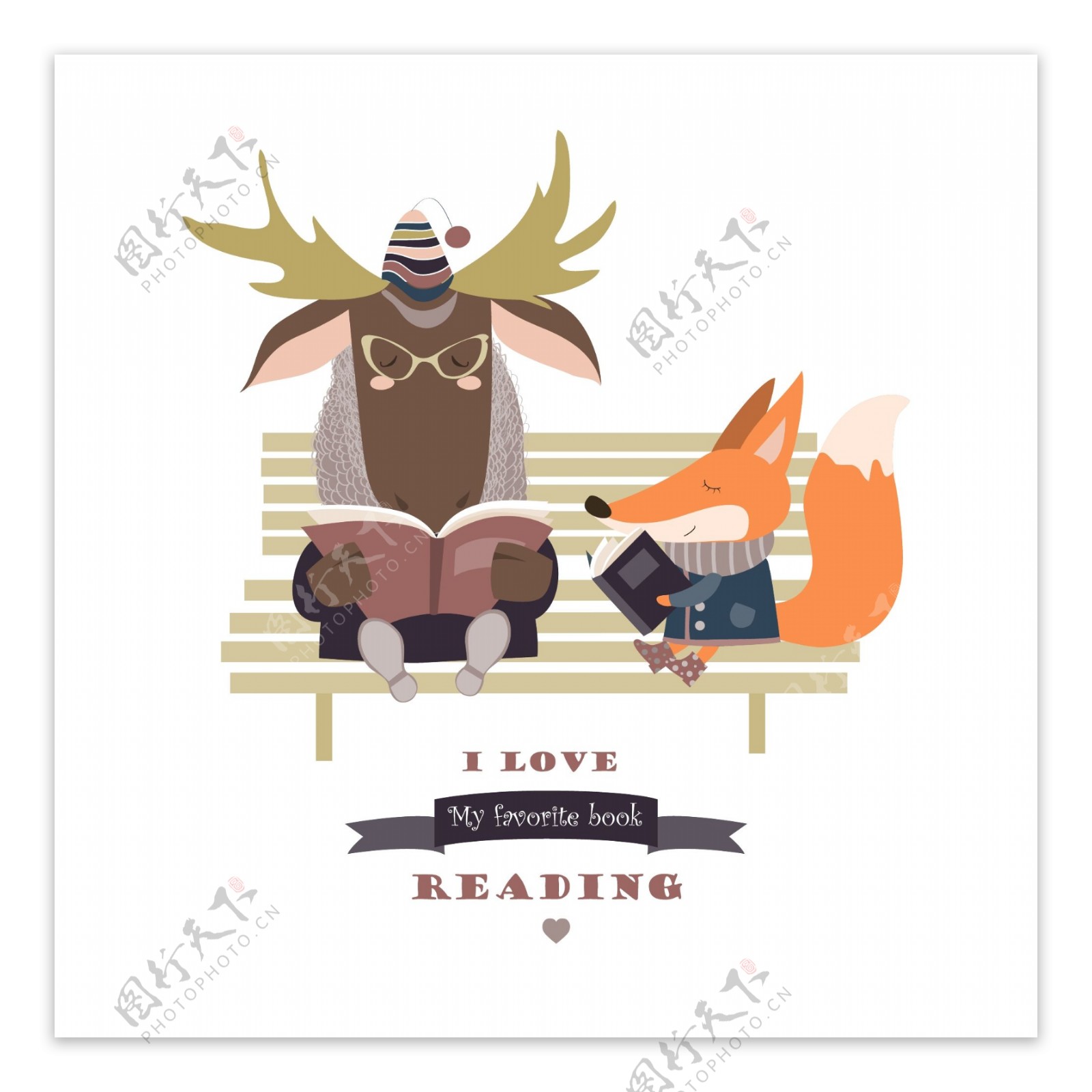 可爱的狐狸和滑稽的麋鹿在长凳上看书
