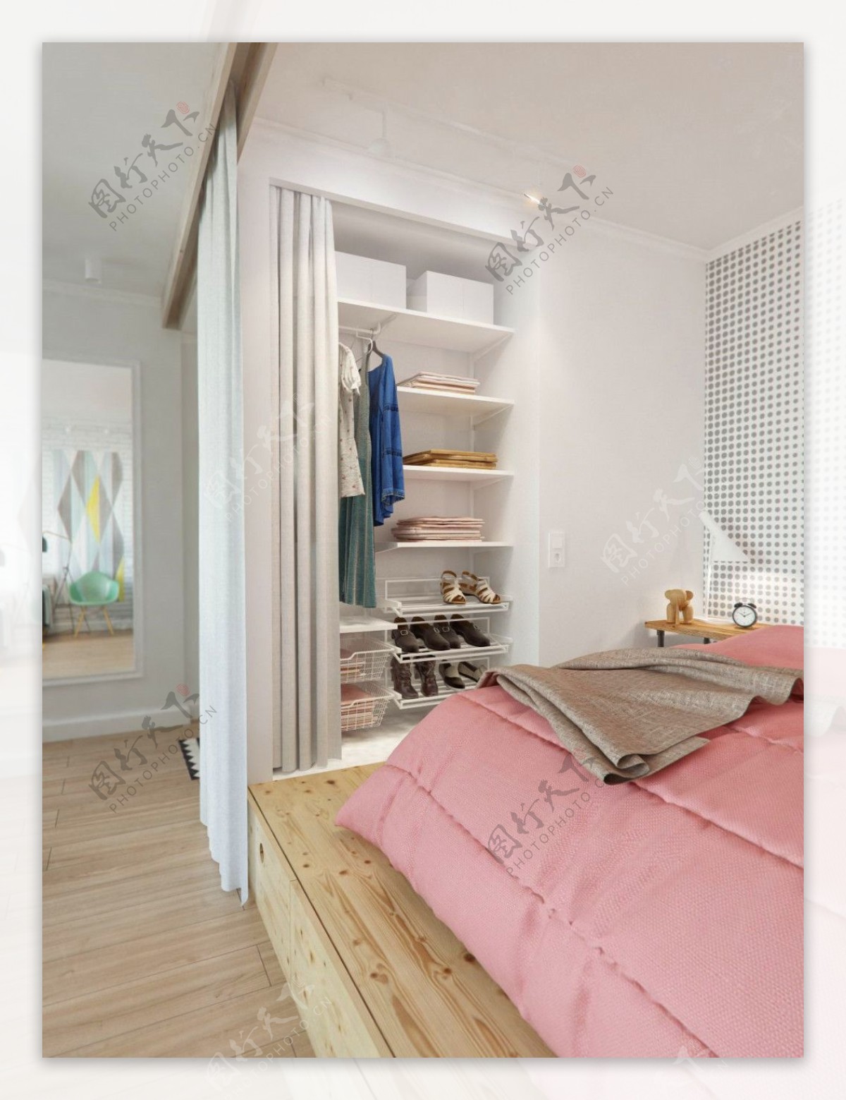 现代清新卧室白色展示架室内装修效果图