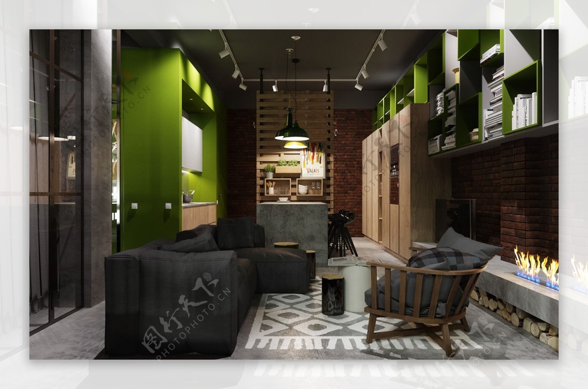 时尚风格客厅绿色亮面背景墙室内装修效果图