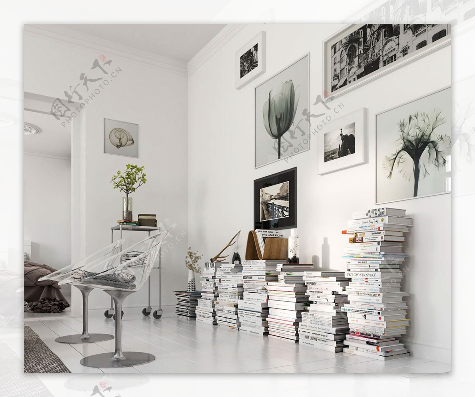 现代时尚客厅白色瓷砖地板室内装修效果图