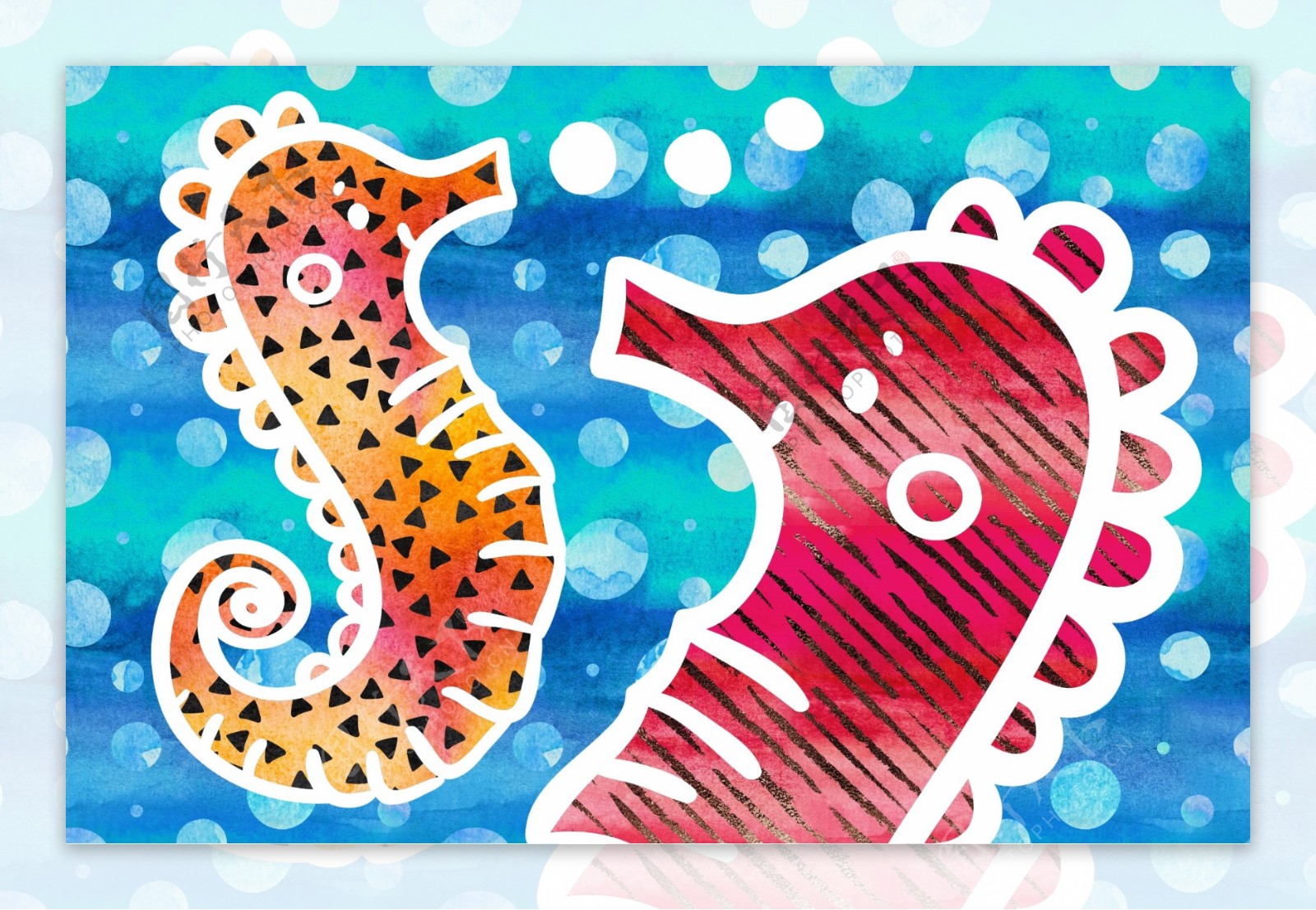 色彩繽紛鮮豔的海馬装饰画PSD模板