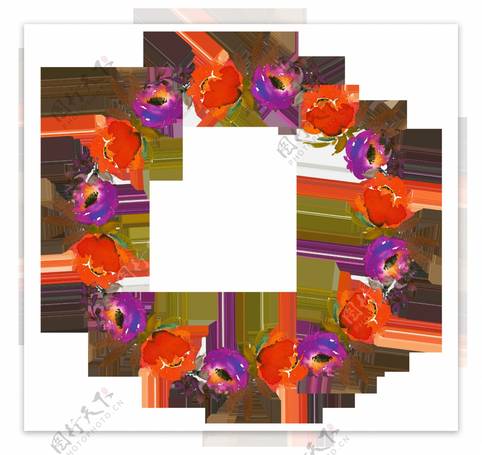 手绘橘红色花卉花环png透明素材