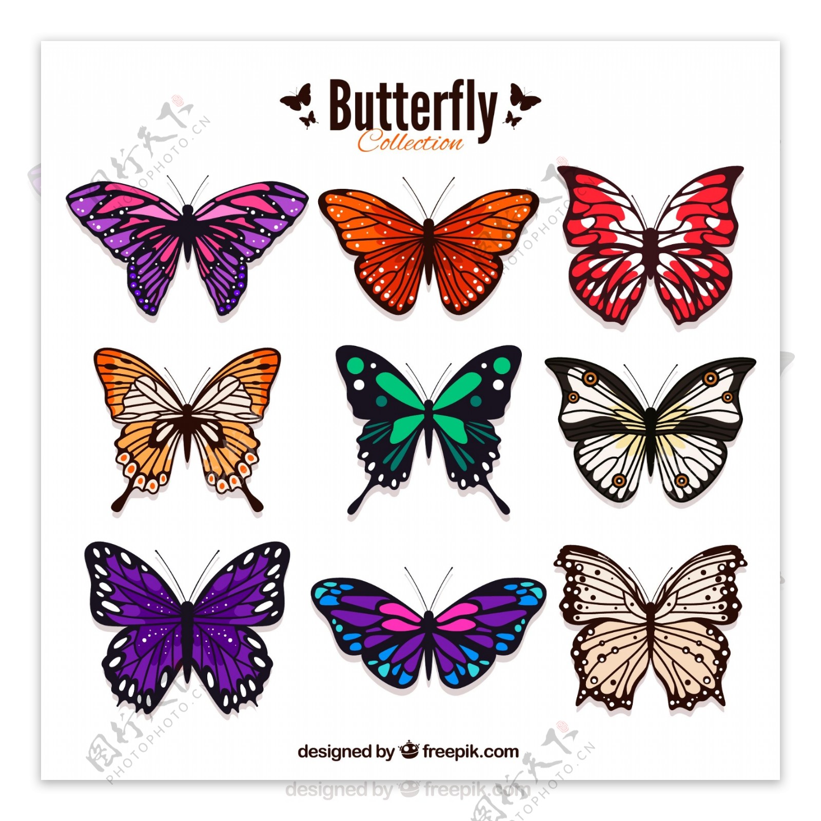 9款彩色蝴蝶设计矢量素材