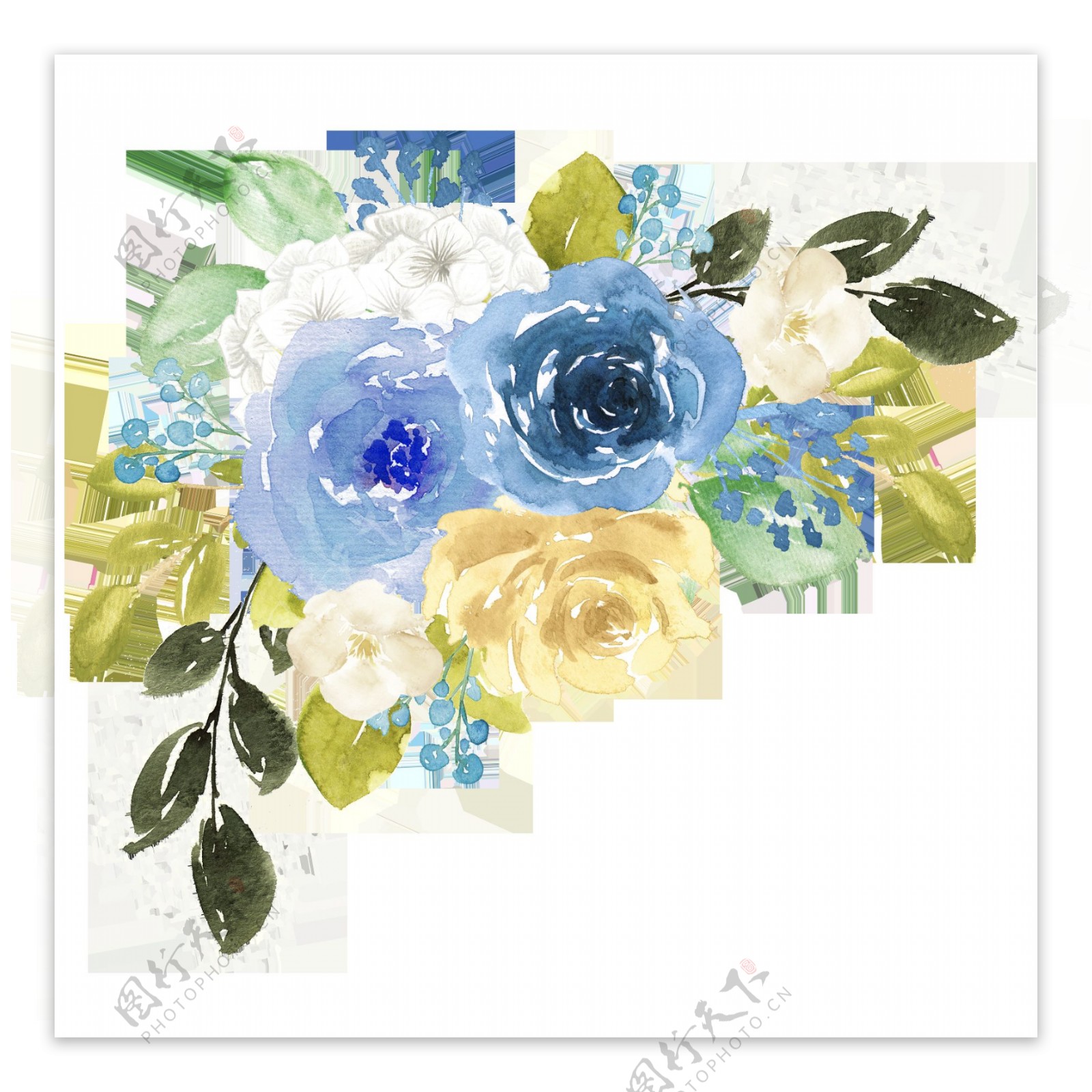 手绘蓝色水彩花png透明素材