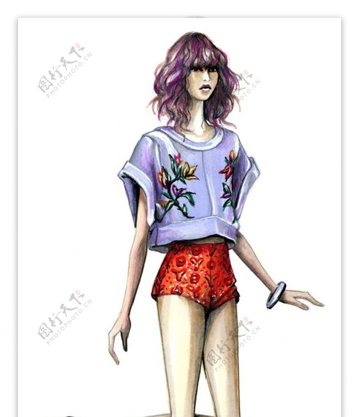 清新紫色植物花纹短袖女装效果图