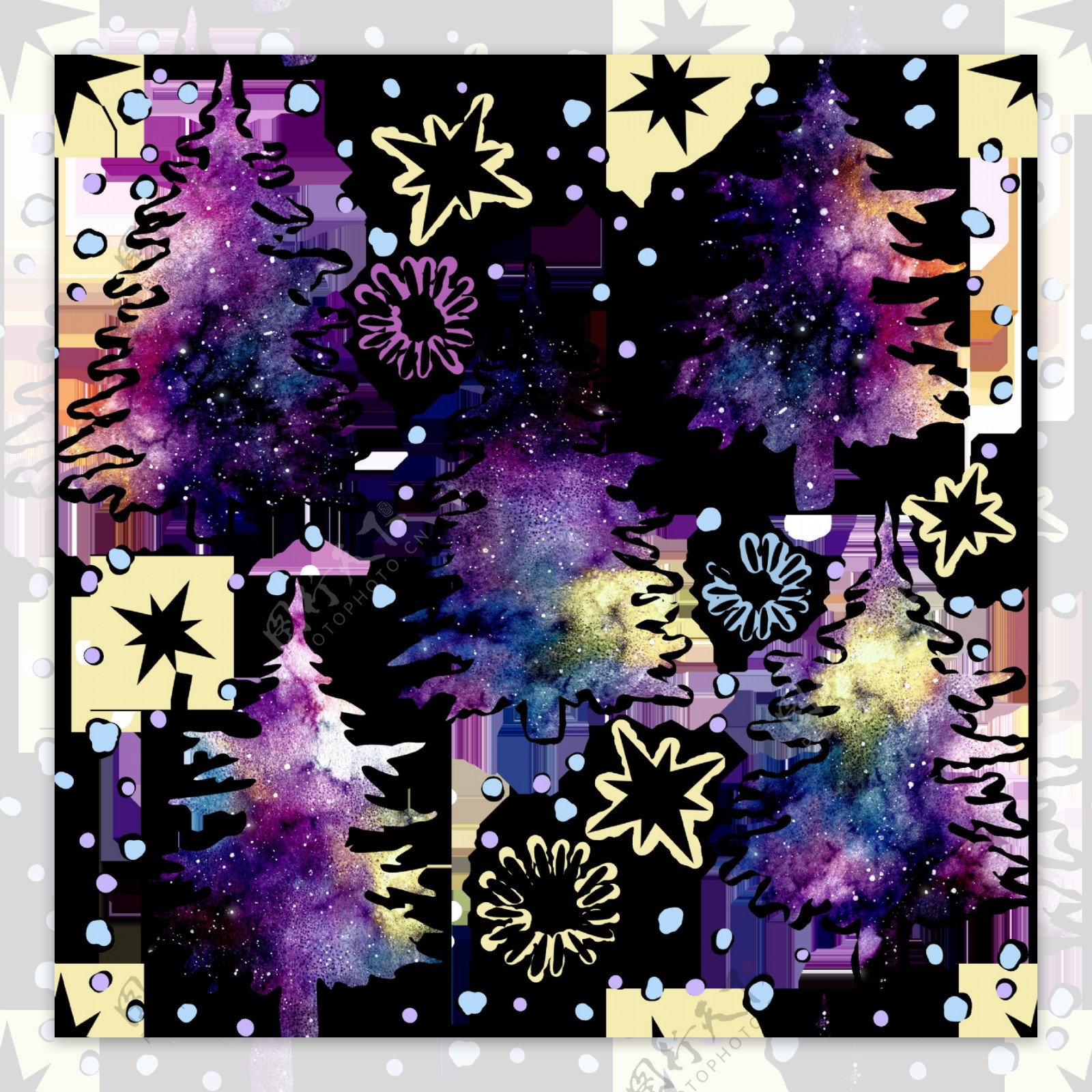 手绘紫色艺术圣诞树png背景素材