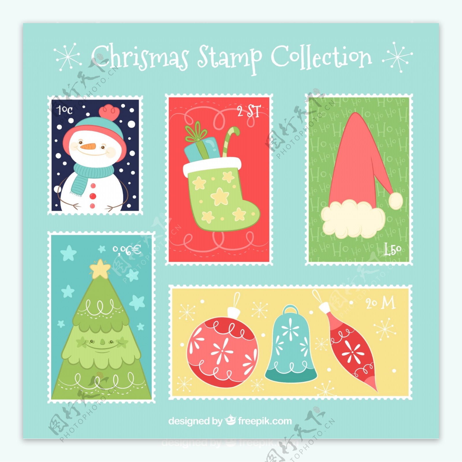 6款彩绘圣诞邮票矢量素材