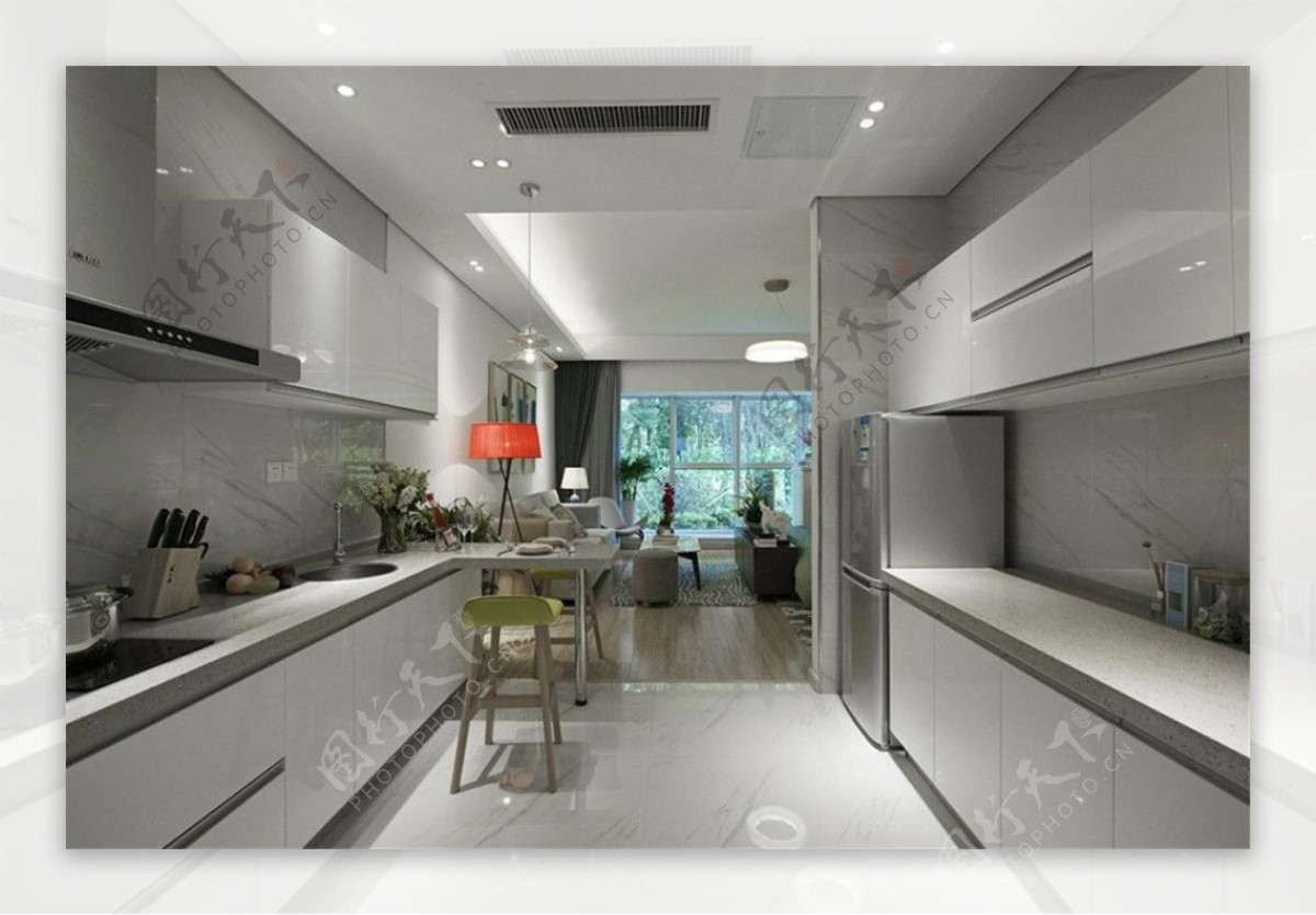 简约开放式厨房灰色橱柜装修效果图