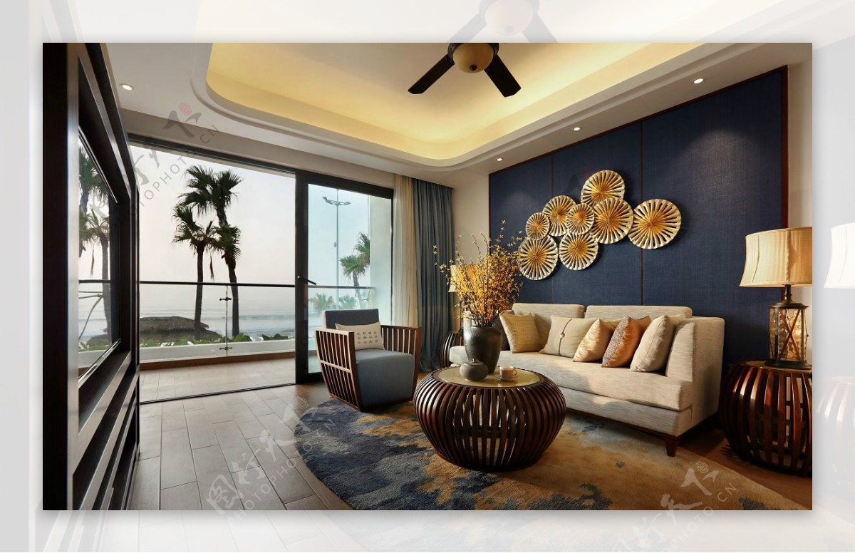 美式客厅沙发蓝色背景装修效果图