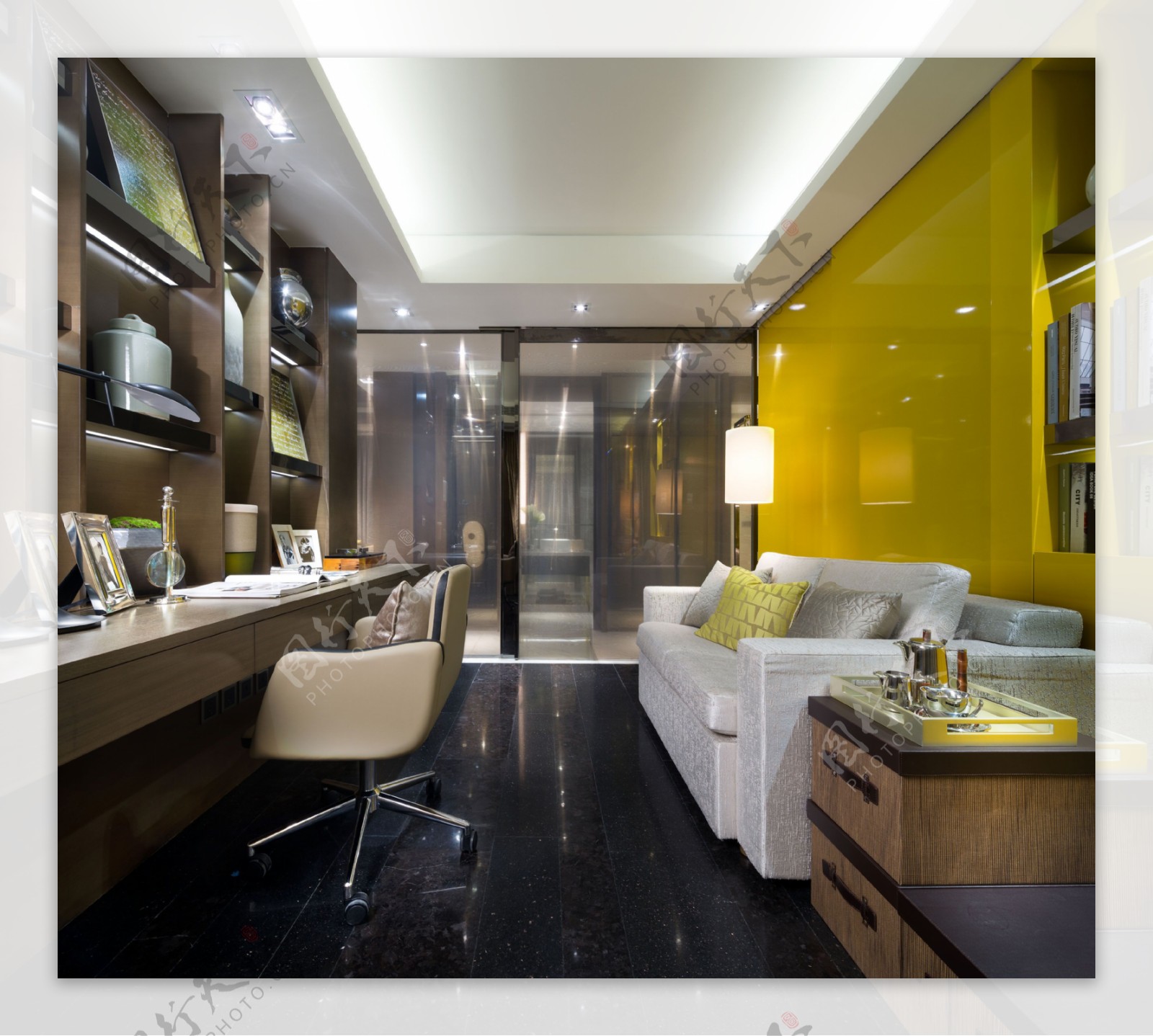 现代书房黄色沙发背景设计效果图