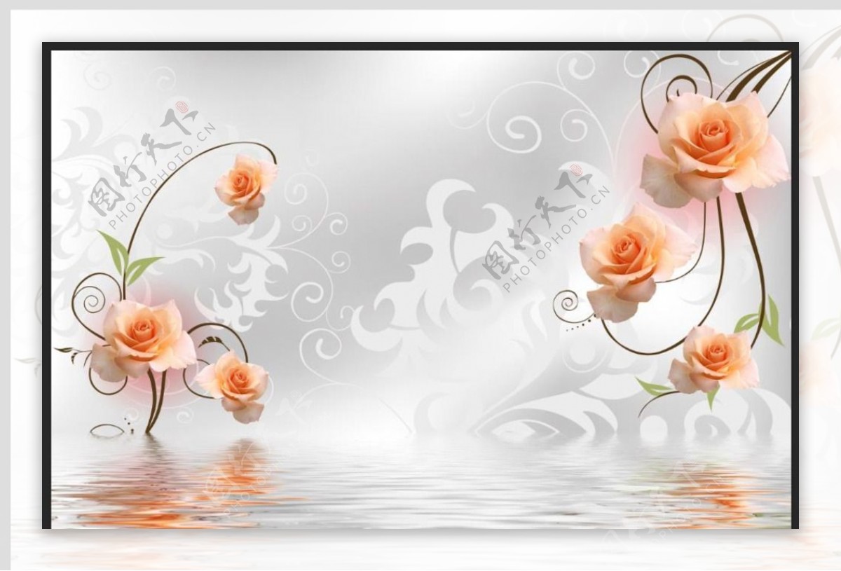 水中欧式花纹月季玫瑰水影背景墙