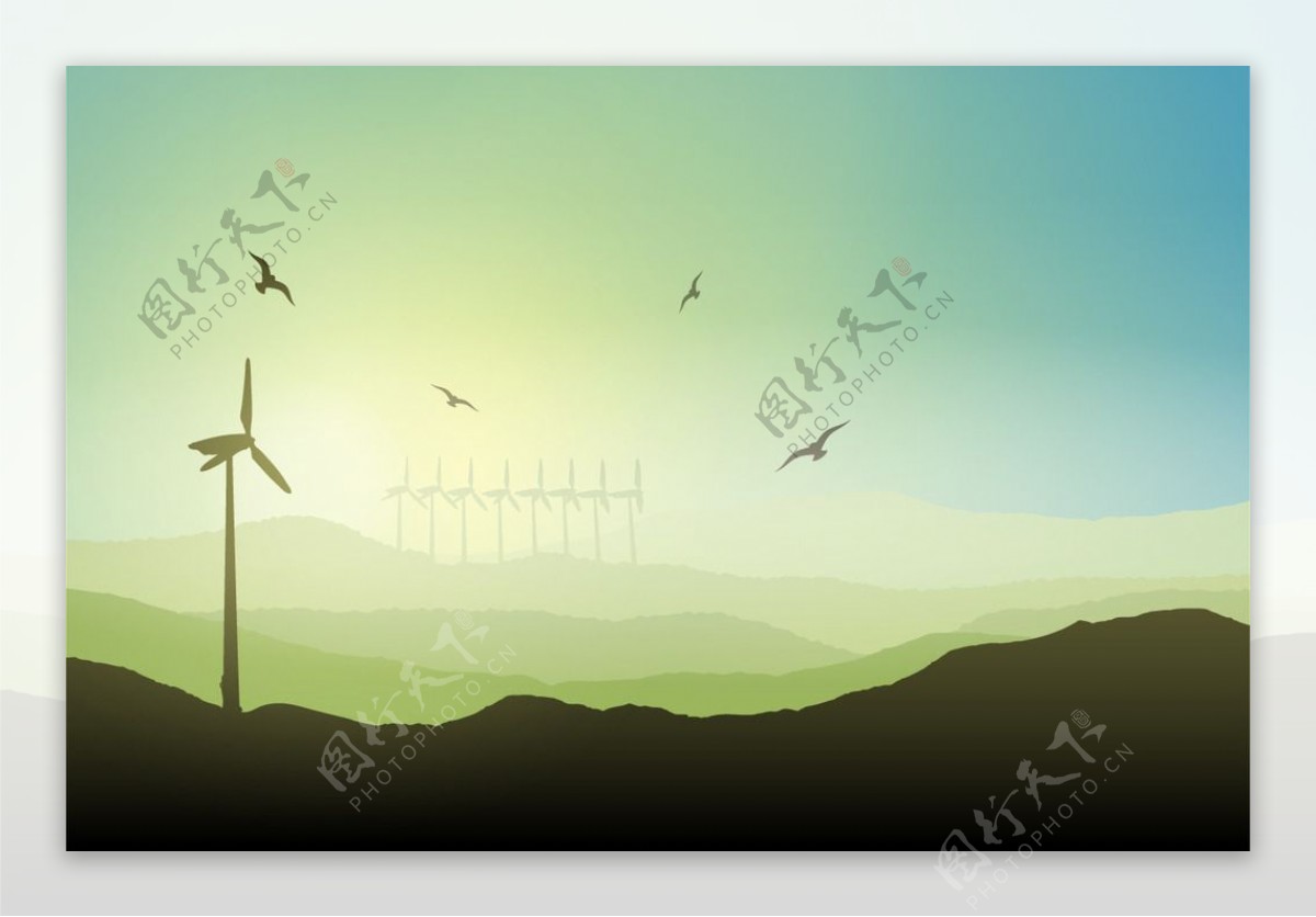 手绘风力发电机景观