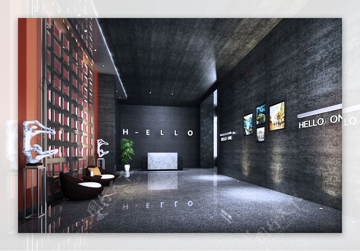 室内设计3D工装效果图KTV公司酒店前厅