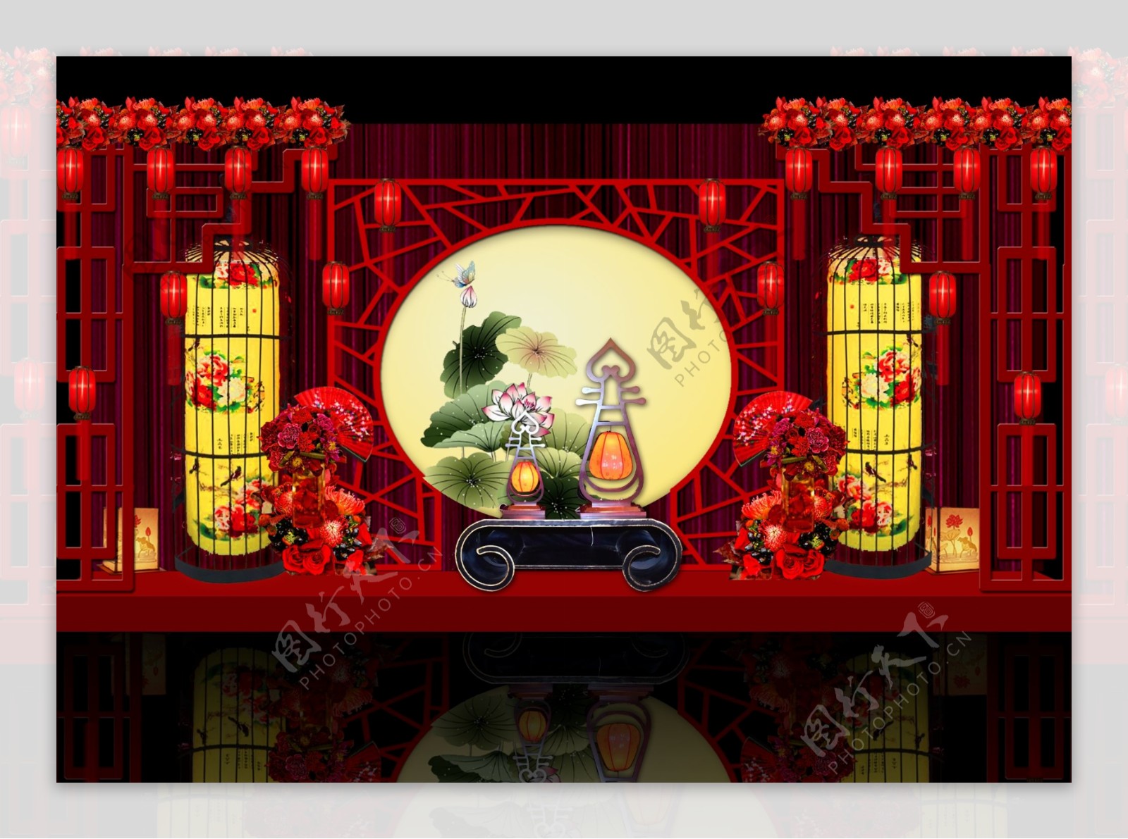 喜庆红中式风格镂空隔板婚庆背景婚礼效果图