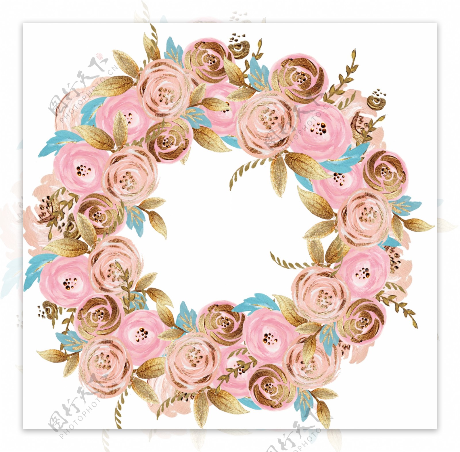 法式风情深粉色花朵手绘花环装饰元素