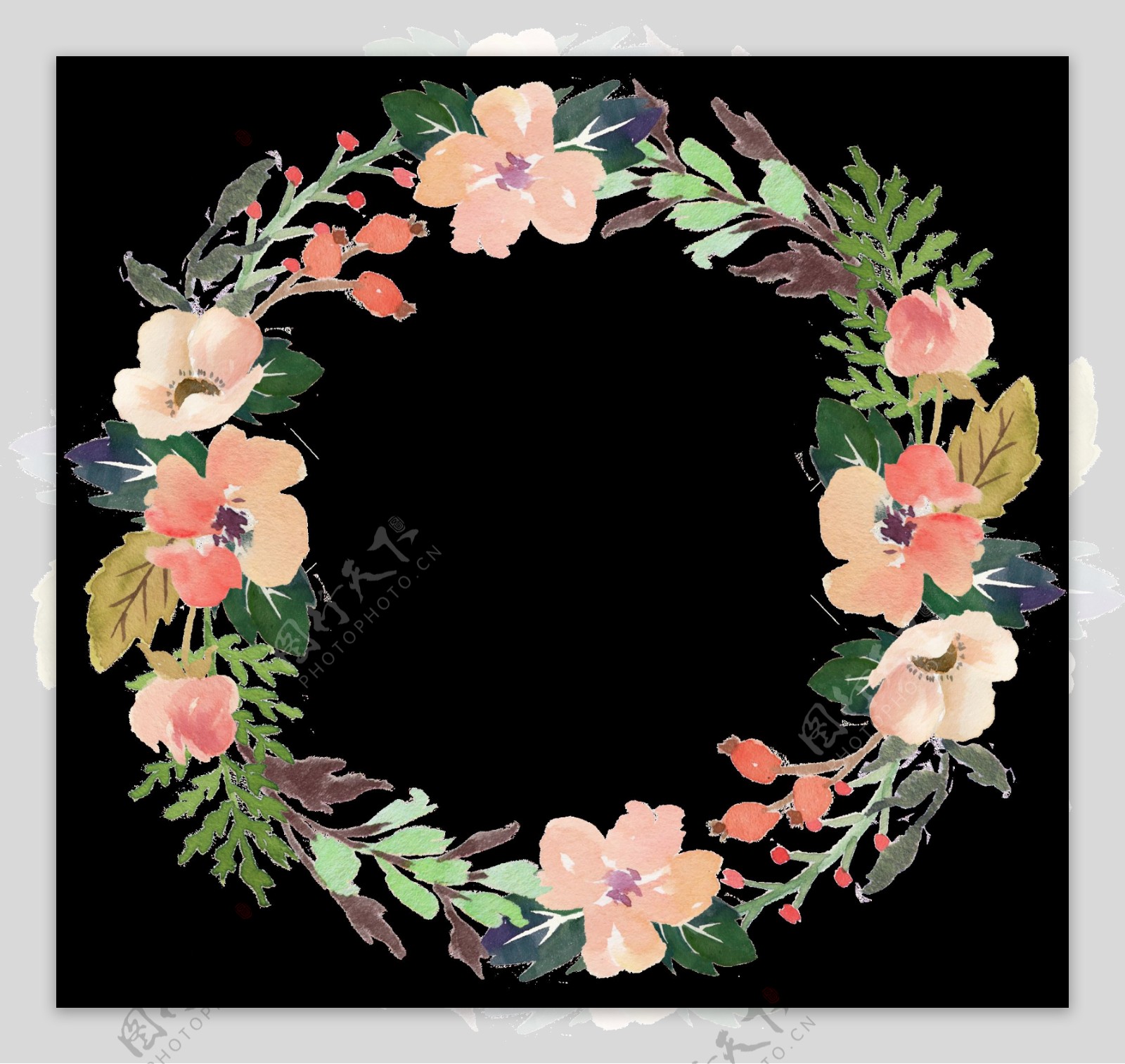清新肉粉色花朵手绘花环装饰元素