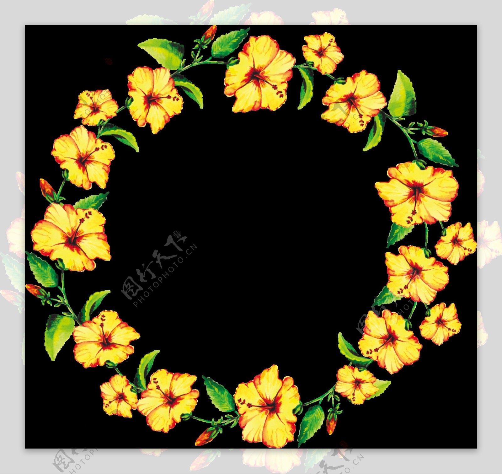 明亮开朗黄色花朵手绘花环装饰元素