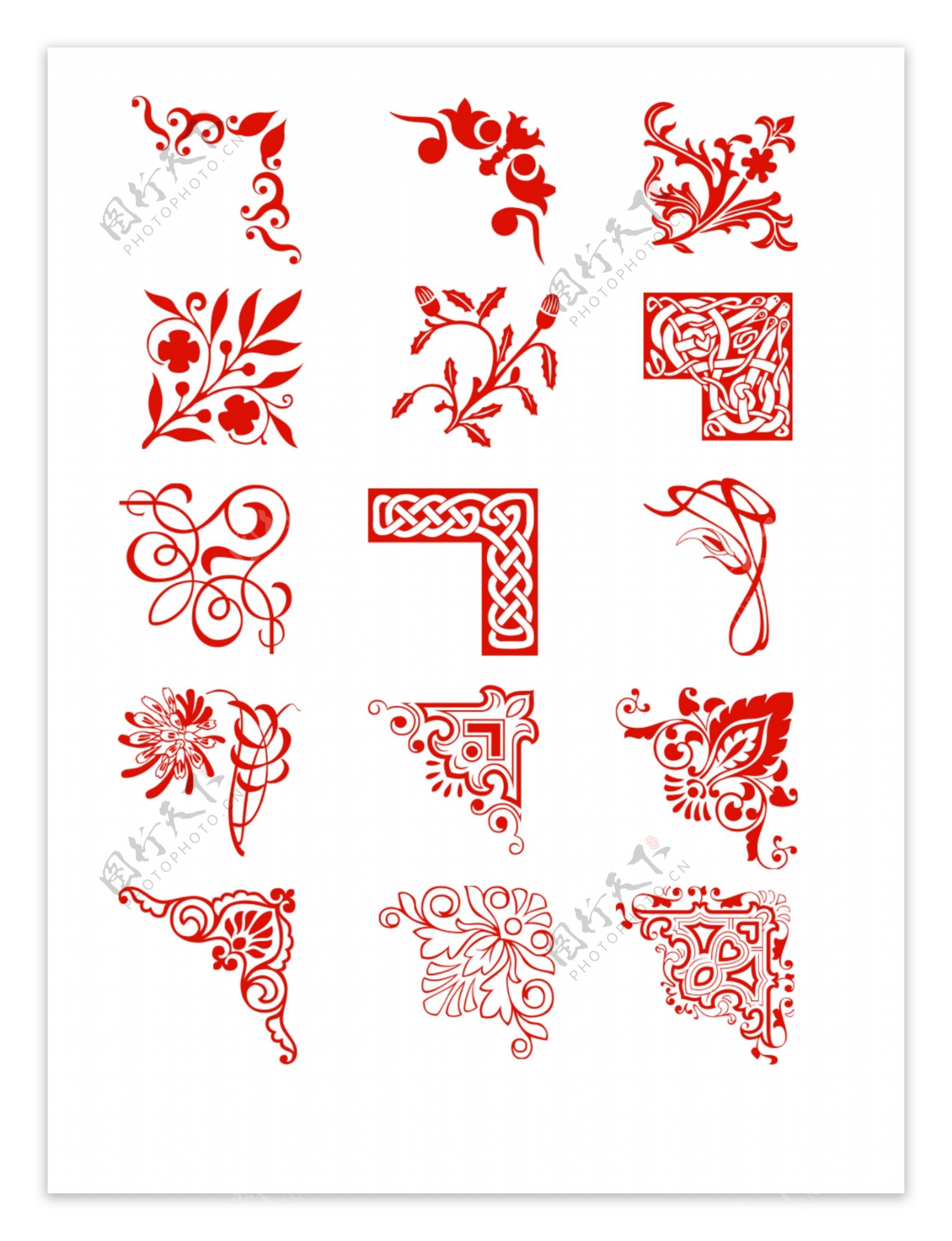 中国红花纹边框角元素