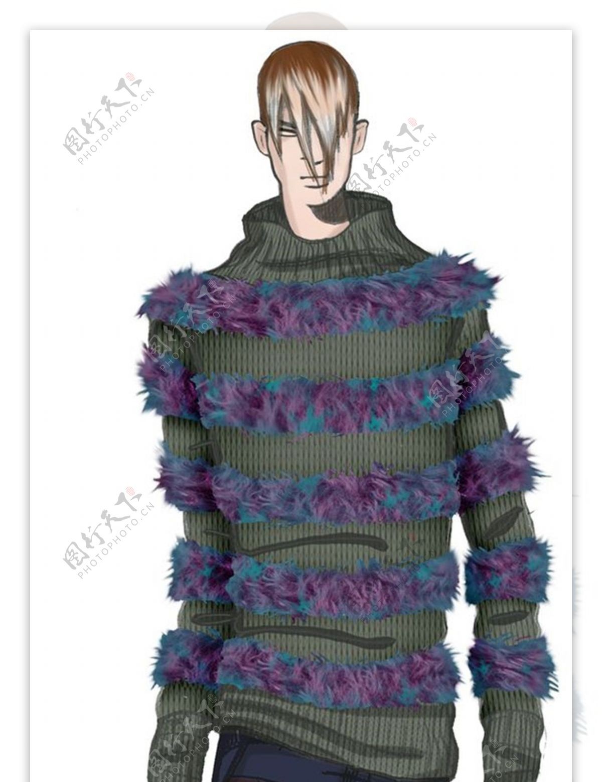 时尚紫色条纹花纹毛衣男装效果图