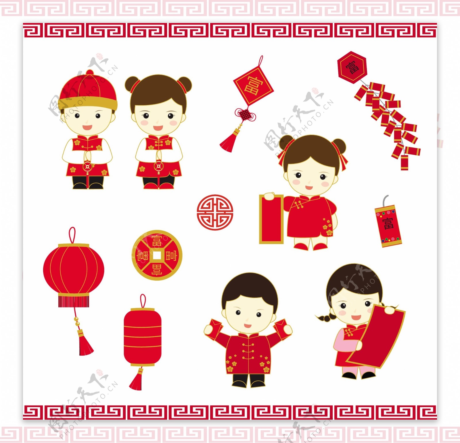 红色喜庆卡通春节拜年元素设计