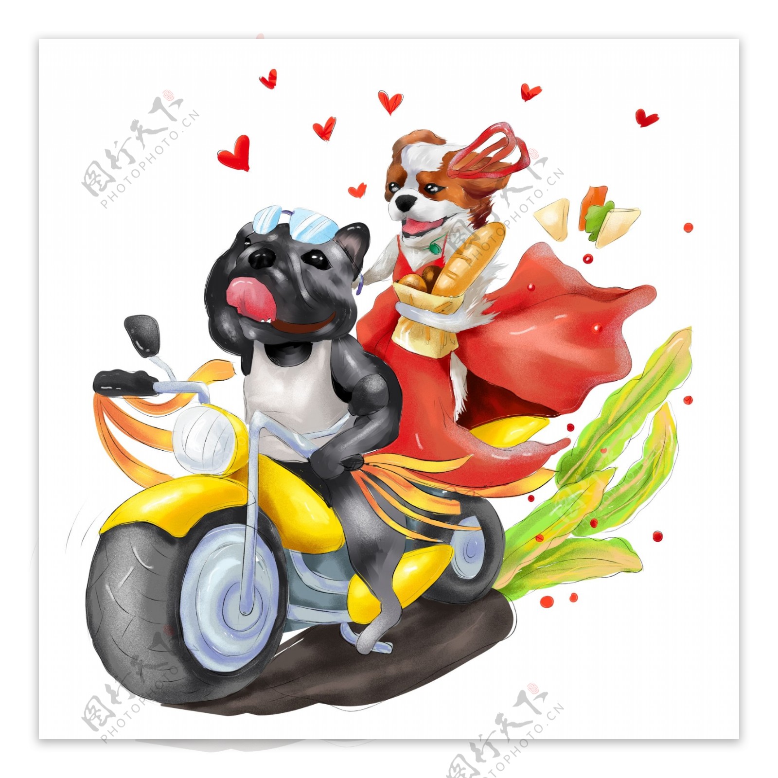 商用手绘谈恋爱的狗动物爱情光棍节摩托素材