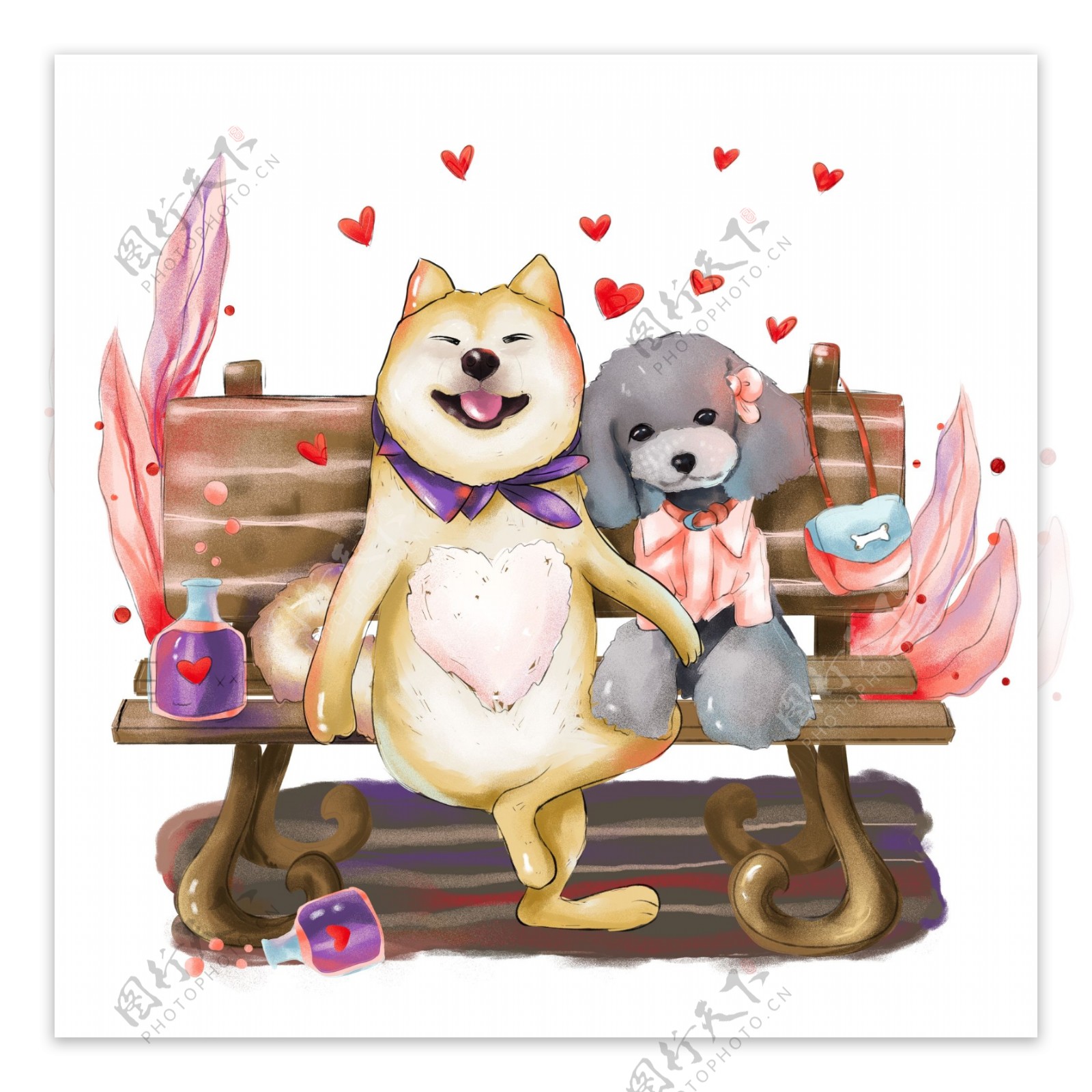 商用手绘谈恋爱的狗动物爱情光棍节公园素材