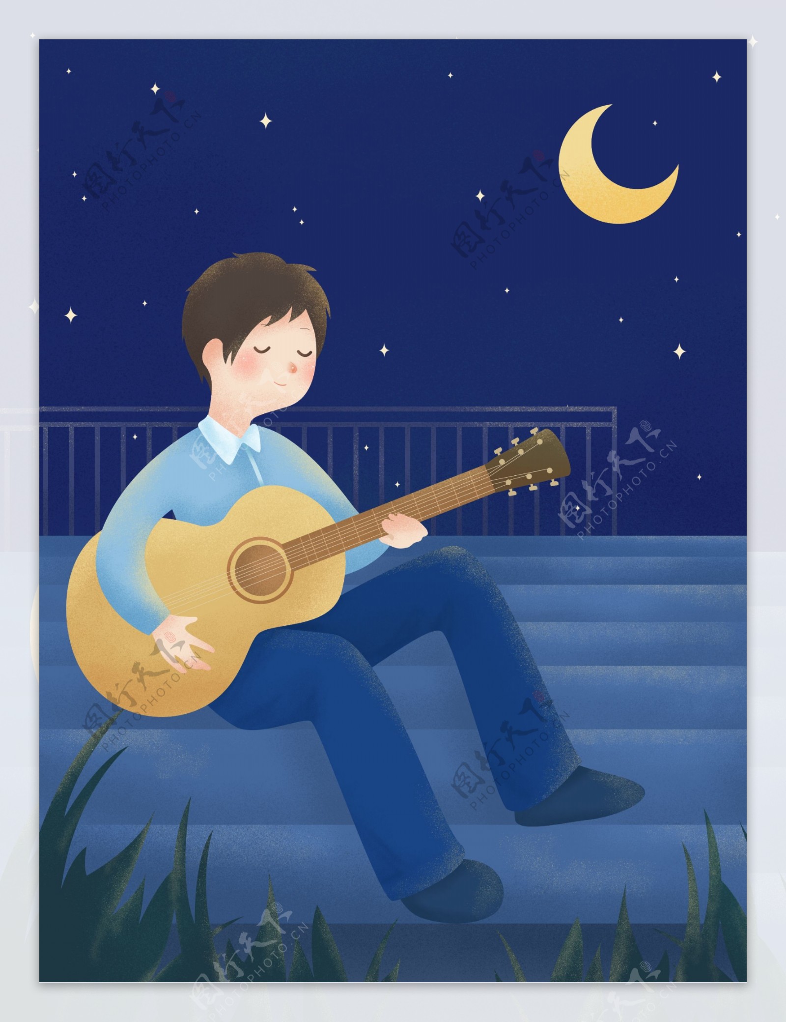 月光下弹吉他的卡通男孩海报背景素材