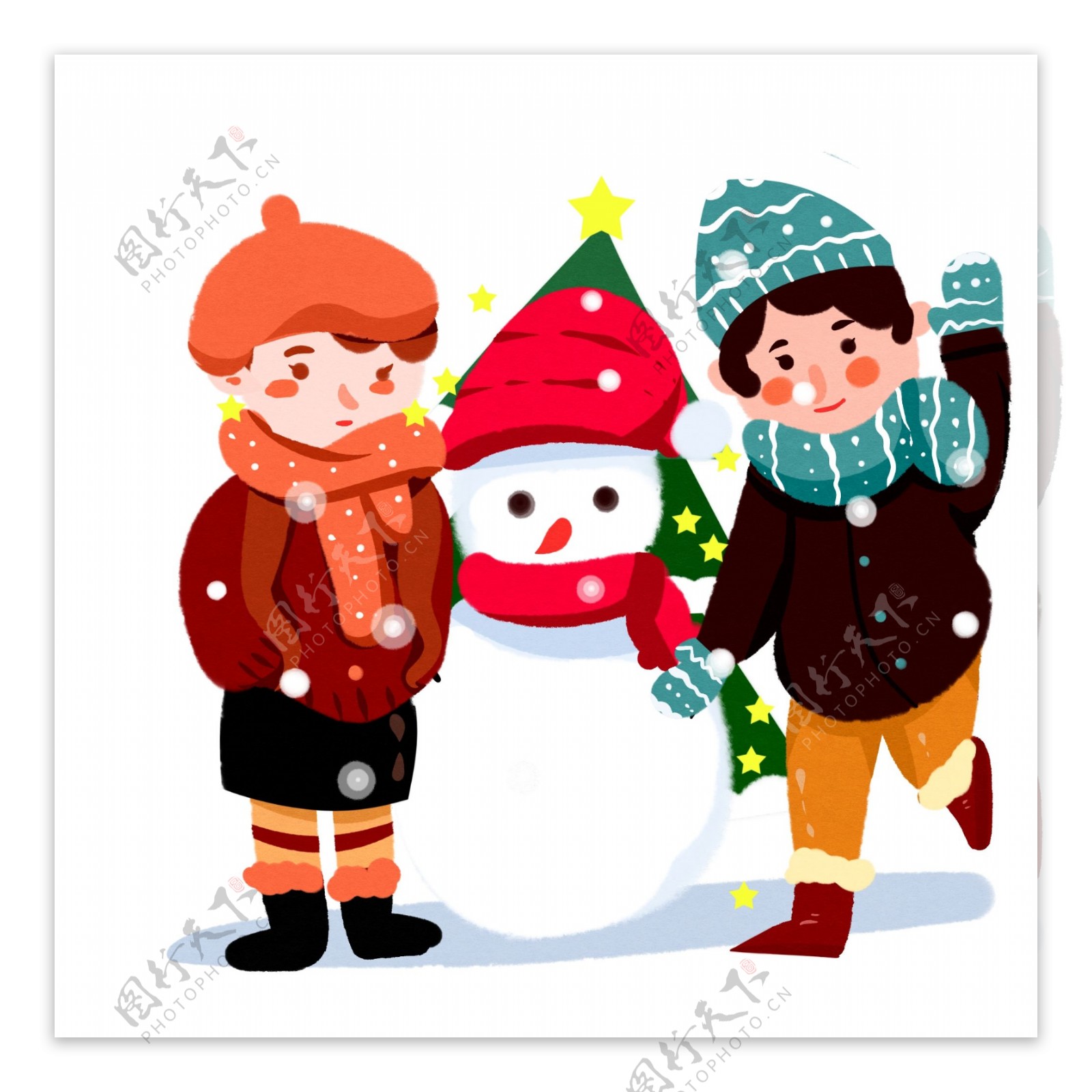 圣诞场景堆雪人圣诞树下雪儿童玩耍