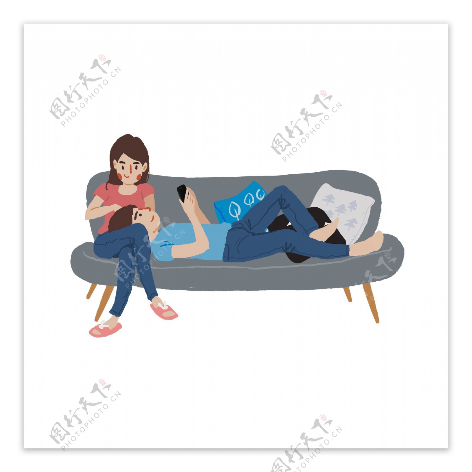 沙发上依偎的情侣卡通元素
