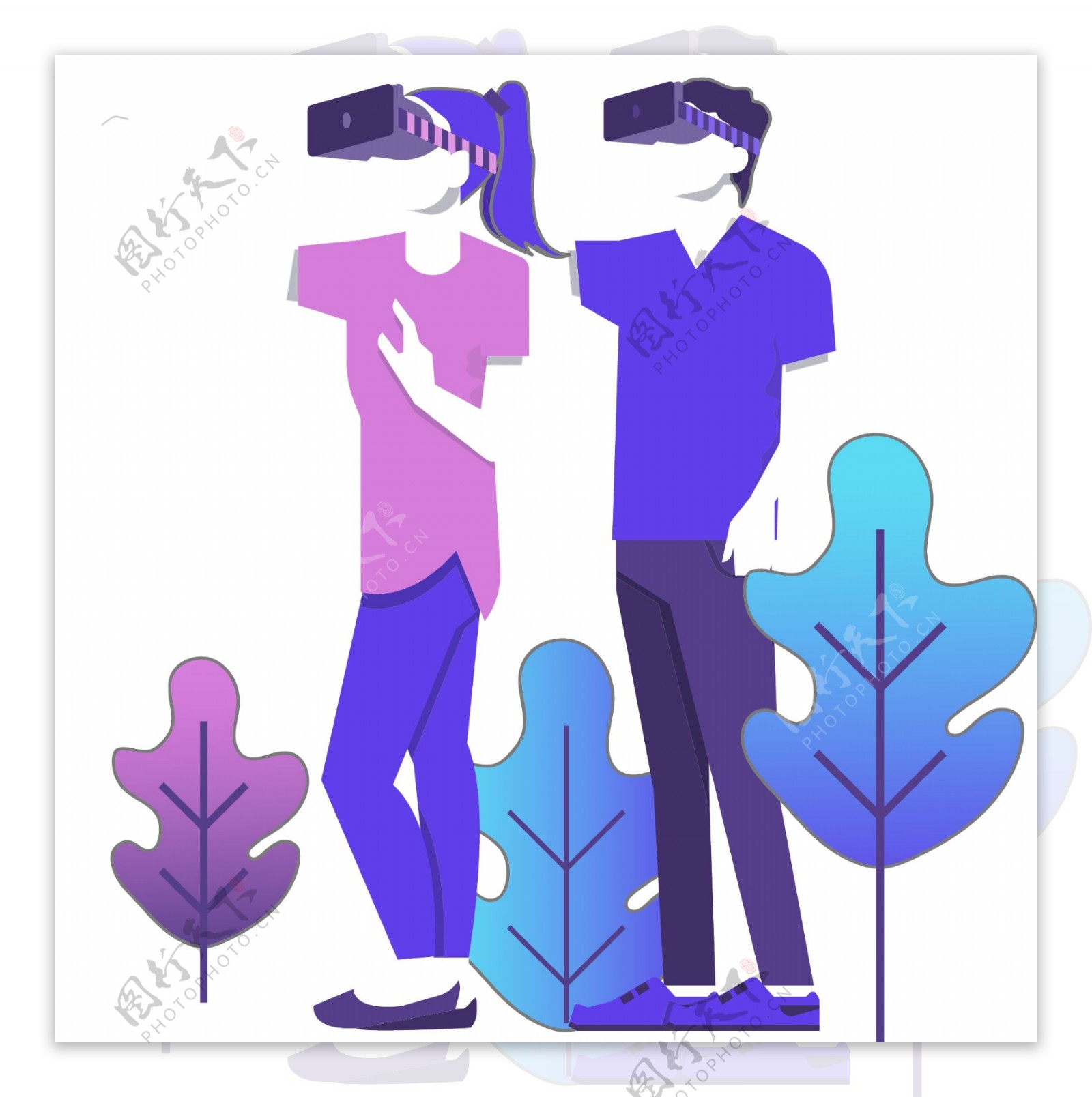 手绘卡通戴着VR眼镜游戏的青年男女恋人