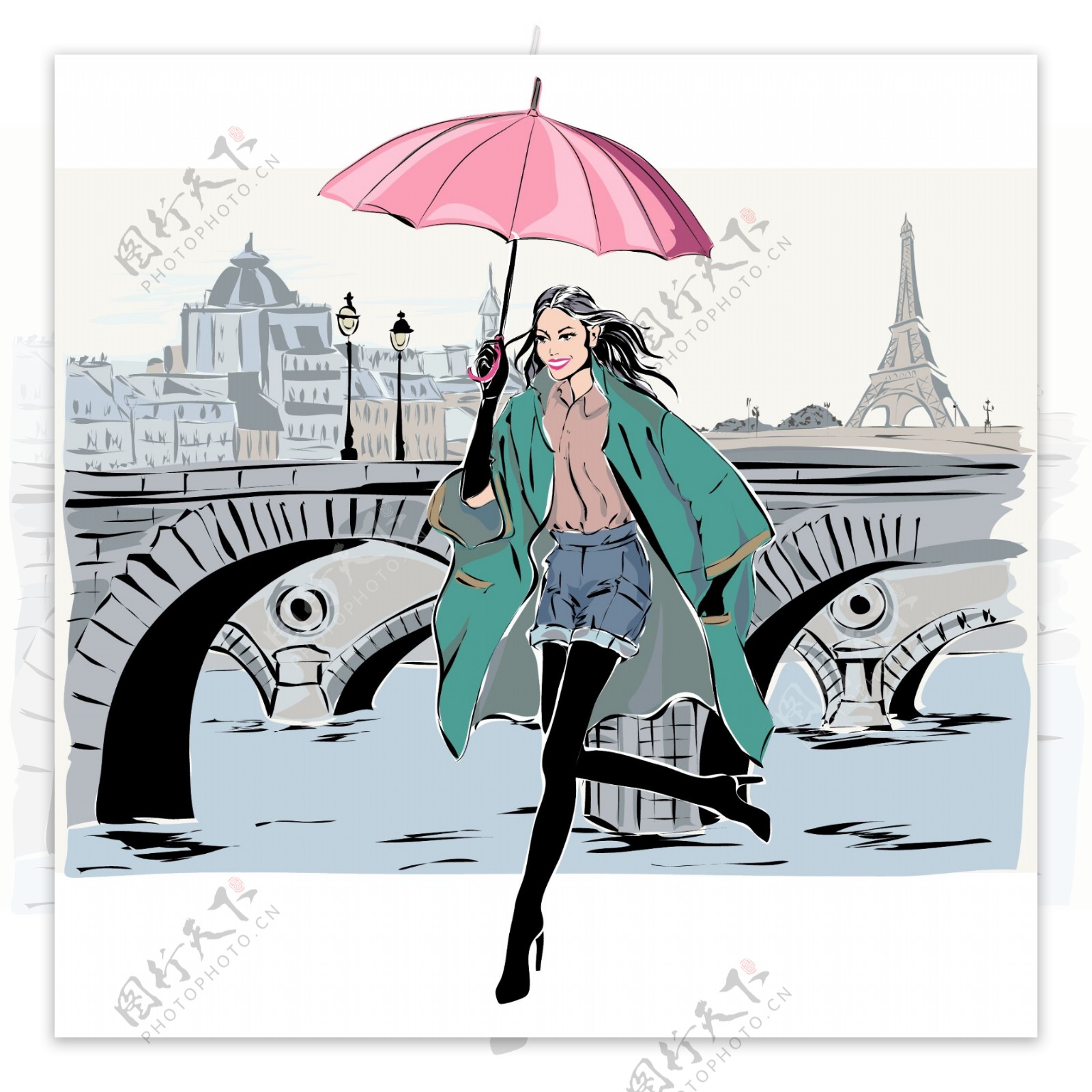 手绘打伞的女性插画