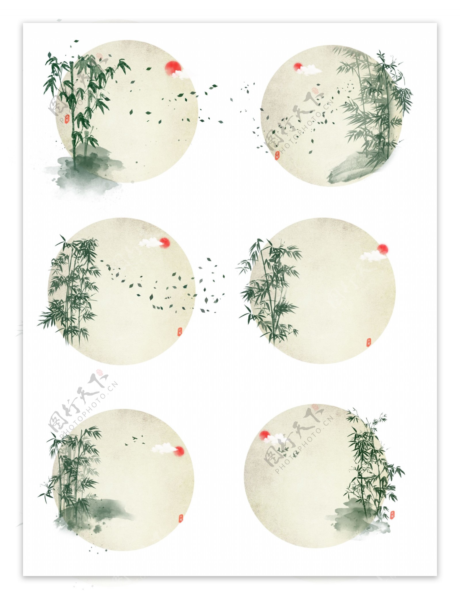手绘竹子中国风水墨背景插画可商用元素套图
