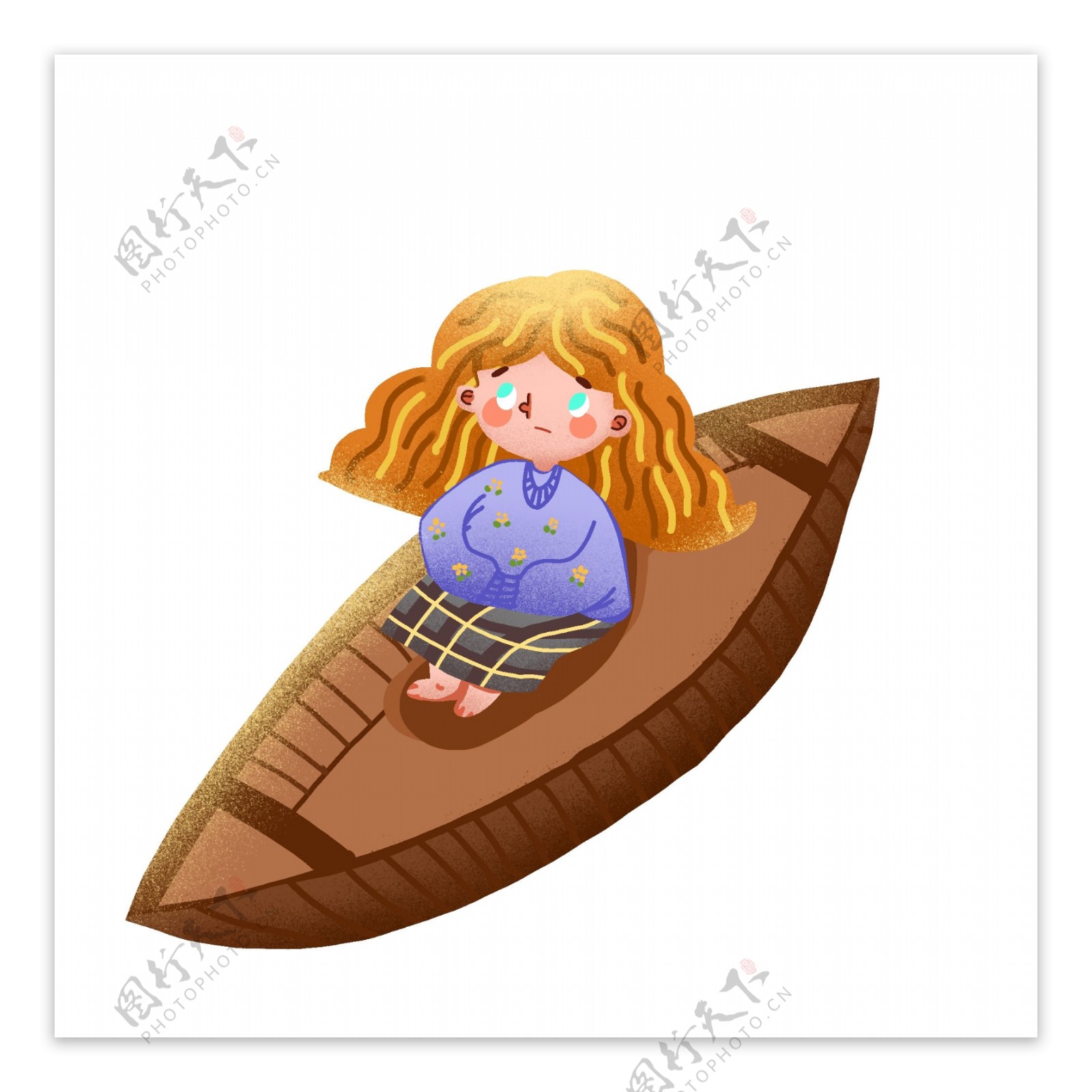 卡通坐在小船上的女孩可商用元素