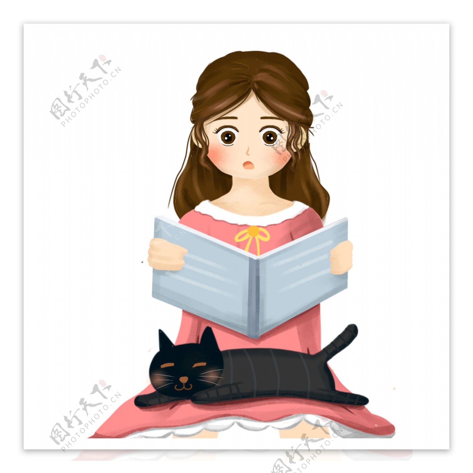 卡通可爱看书的女孩和睡觉的猫可商用元素