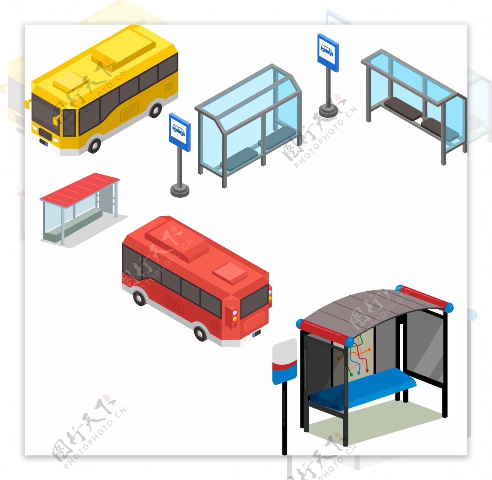 彩色创意的公交和站台素材