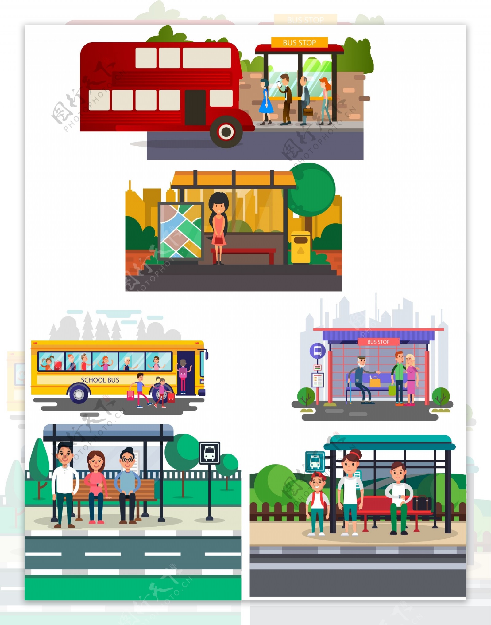 彩色卡通的公交车和站台素材