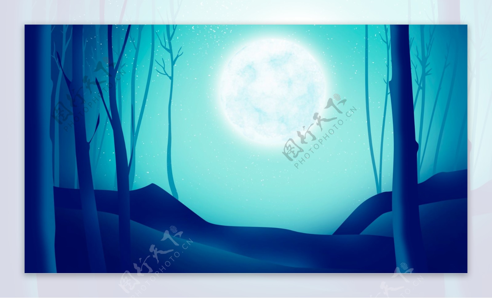 夜晚月亮下的树木卡通背景