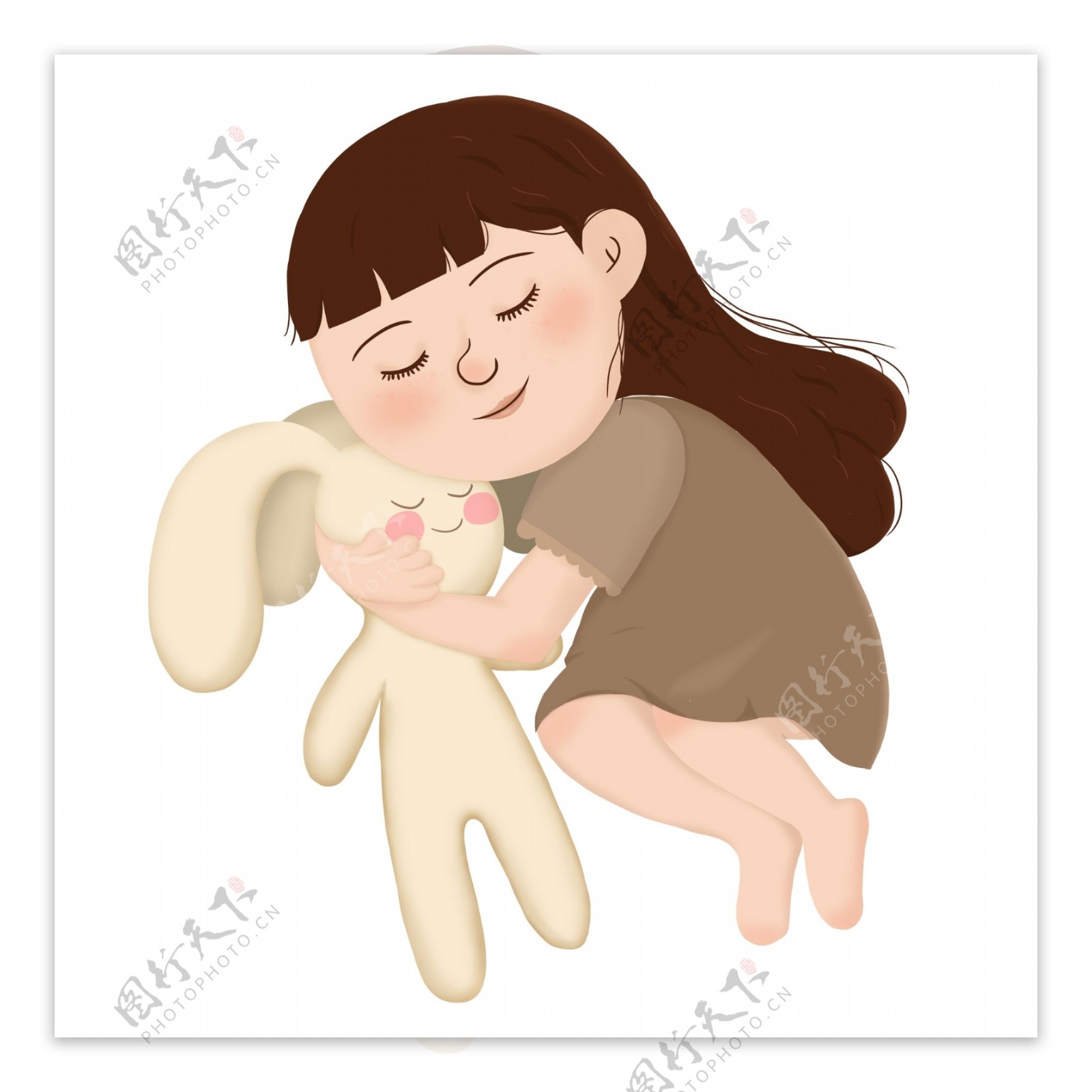 卡通可爱抱着玩具兔子睡觉的女孩可商用元素