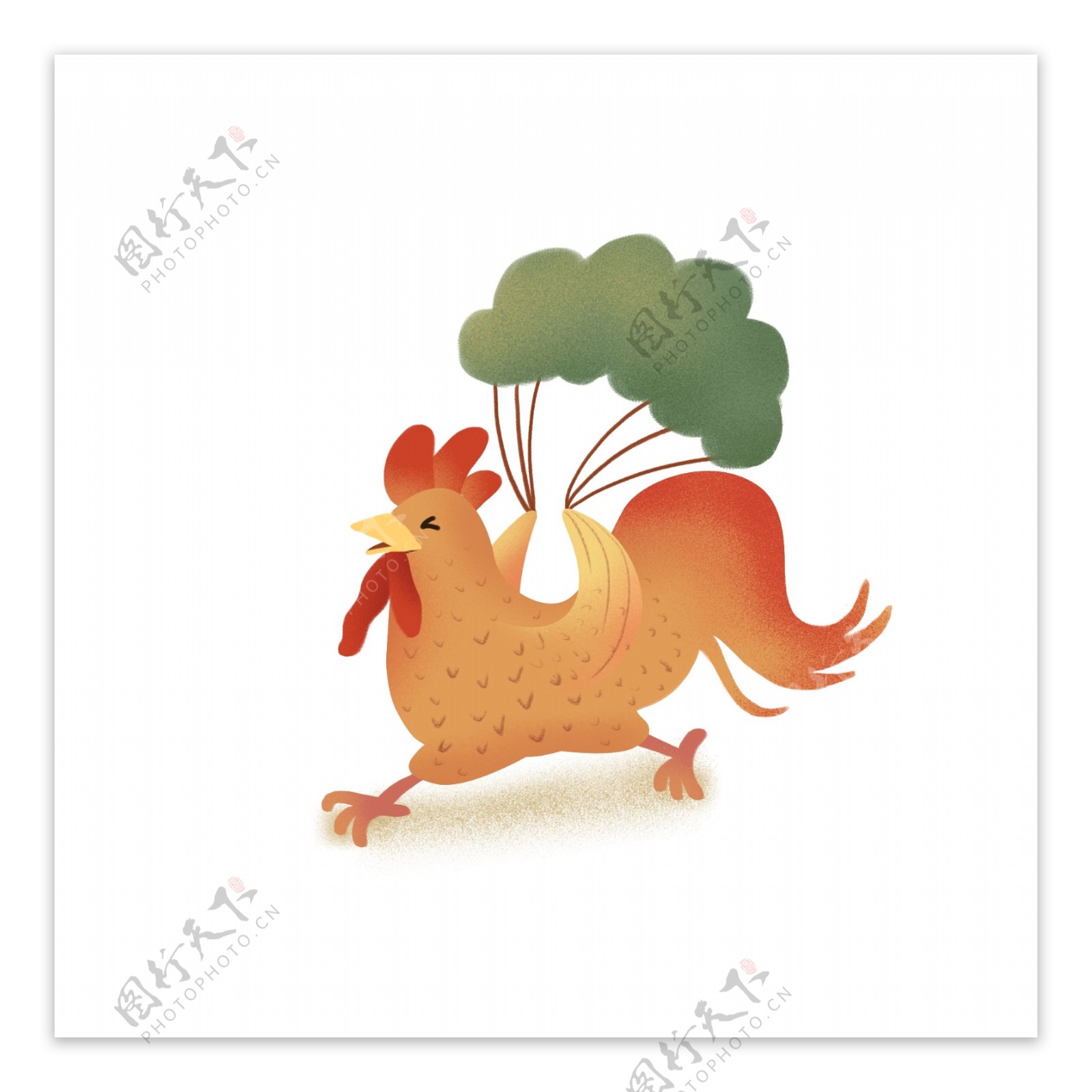 彩绘奔跑的公鸡插画设计可商用元素