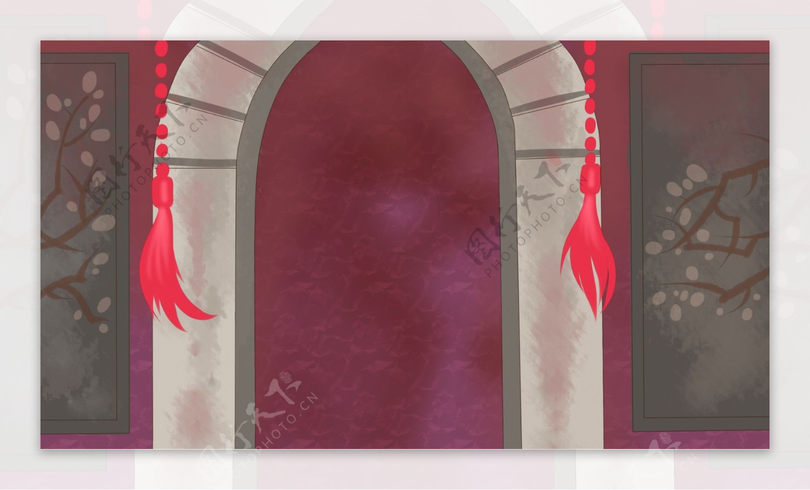 古代拱形门洞红色流苏装饰背景