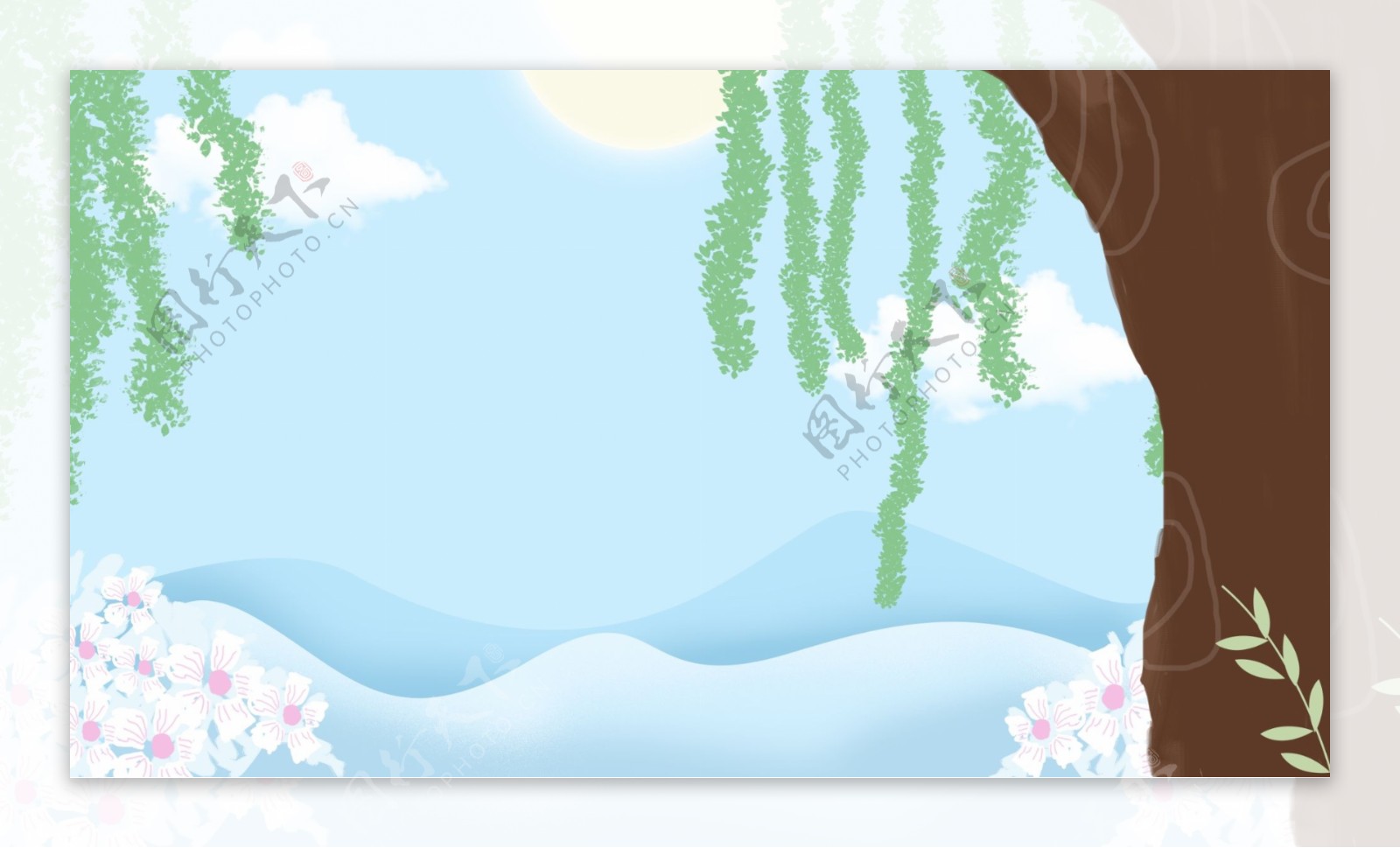 素雅清新植物花卉蓝天白云插画背景