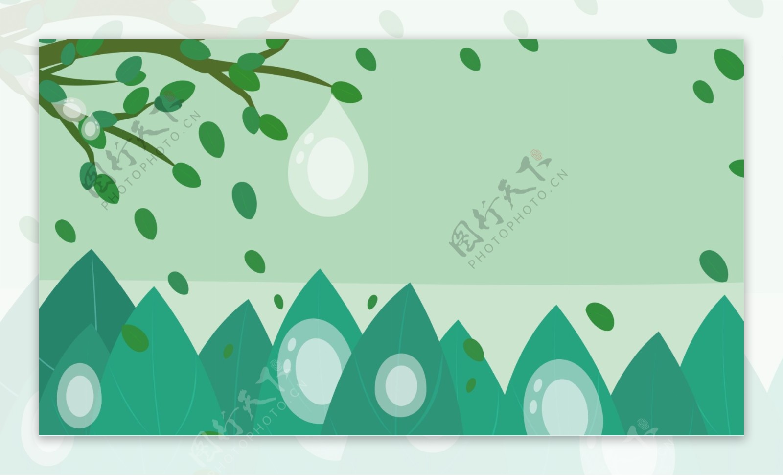 扁平化白露节日树叶草丛水滴背景图