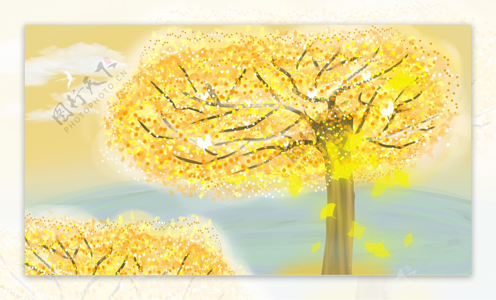 彩绘秋季大树落叶背景素材